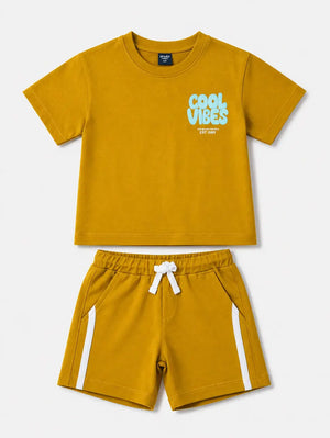 BloomUp Baby Boys Mustard Co-Ord Set – Printed T-Shirt & Shorts Summer Outfit