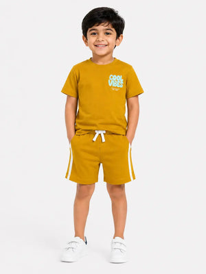 BloomUp Baby Boys Mustard Co-Ord Set – Printed T-Shirt & Shorts Summer Outfit