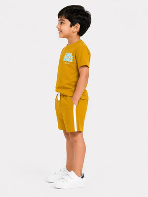 BloomUp Baby Boys Mustard Co-Ord Set – Printed T-Shirt & Shorts Summer Outfit