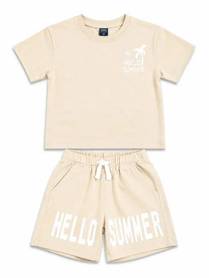 BloomUp Baby Boys Beige Co-Ord Set – Printed T-Shirt & Shorts Summer Outfit