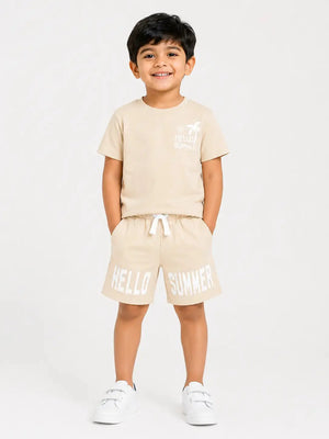 BloomUp Baby Boys Beige Co-Ord Set – Printed T-Shirt & Shorts Summer Outfit