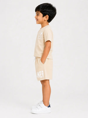 BloomUp Baby Boys Beige Co-Ord Set – Printed T-Shirt & Shorts Summer Outfit