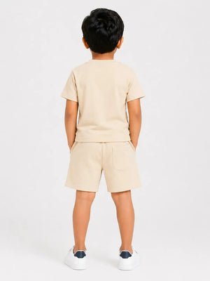 BloomUp Baby Boys Beige Co-Ord Set – Printed T-Shirt & Shorts Summer Outfit