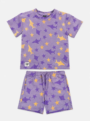 BloomUp Baby Boys Lilac Printed Co-Ord Set – T-Shirt & Shorts Summer Outfit