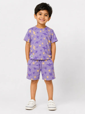 BloomUp Baby Boys Lilac Printed Co-Ord Set – T-Shirt & Shorts Summer Outfit