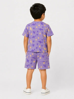 BloomUp Baby Boys Lilac Printed Co-Ord Set – T-Shirt & Shorts Summer Outfit