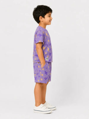 BloomUp Baby Boys Lilac Printed Co-Ord Set – T-Shirt & Shorts Summer Outfit