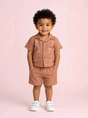 BloomUp Baby Boys Brick Brown Embroidered Co-Ord Set – Shirt & Shorts Summer Outfit