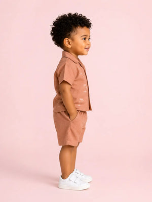 BloomUp Baby Boys Brick Brown Embroidered Co-Ord Set – Shirt & Shorts Summer Outfit