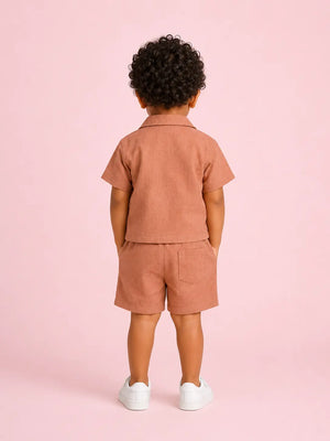 BloomUp Baby Boys Brick Brown Embroidered Co-Ord Set – Shirt & Shorts Summer Outfit