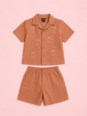 Boys Brick Brown Shirt & Shorts Co ord Set Kidswear BloomUp