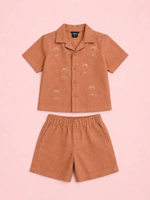 BloomUp Baby Boys Brick Brown Embroidered Co-Ord Set – Shirt & Shorts Summer Outfit