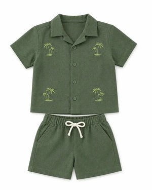 BloomUp Baby Boys Olive Green Embroidered Co-Ord Set – Shirt & Shorts Summer Outfit
