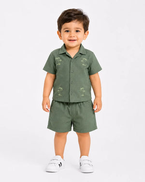BloomUp Baby Boys Olive Green Embroidered Co-Ord Set – Shirt & Shorts Summer Outfit
