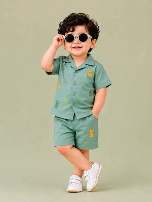 BloomUp Mint Green Bunny Embroidered Shirt & Shorts Co-ord Set for Baby Boys – Summer Casual Outfit