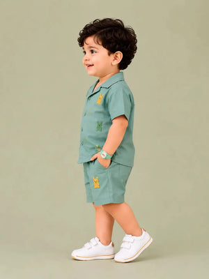 BloomUp Mint Green Bunny Embroidered Shirt & Shorts Co-ord Set for Baby Boys – Summer Casual Outfit