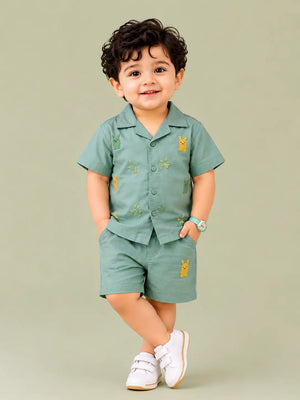 BloomUp Mint Green Bunny Embroidered Shirt & Shorts Co-ord Set for Baby Boys – Summer Casual Outfit