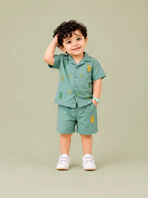 BloomUp Mint Green Bunny Embroidered Shirt & Shorts Co-ord Set for Baby Boys – Summer Casual Outfit