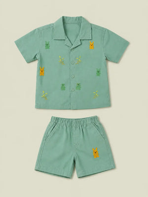 BloomUp Mint Green Bunny Embroidered Shirt & Shorts Co-ord Set for Baby Boys – Summer Casual Outfit
