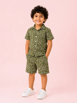 BloomUp Baby Boys Olive Green Embroidered Co-Ord Set – Shirt & Shorts Summer Outfit