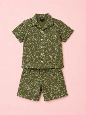 BloomUp Baby Boys Olive Green Embroidered Co-Ord Set – Shirt & Shorts Summer Outfit