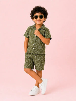 BloomUp Baby Boys Olive Green Embroidered Co-Ord Set – Shirt & Shorts Summer Outfit