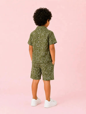 BloomUp Baby Boys Olive Green Embroidered Co-Ord Set – Shirt & Shorts Summer Outfit