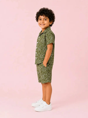 BloomUp Baby Boys Olive Green Embroidered Co-Ord Set – Shirt & Shorts Summer Outfit