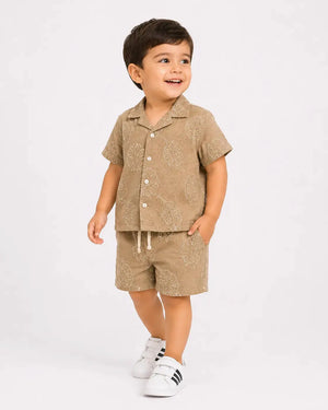BloomUp Baby Boys Fawn Embroidered Co-Ord Set – Shirt & Shorts Summer Outfit
