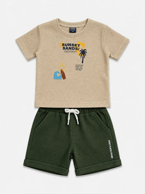BloomUp Baby Boys Fawn & Olive Co-Ord Set – Printed T-Shirt & Shorts Summer Outfit