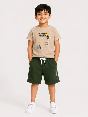 BloomUp Baby Boys Fawn & Olive Co-Ord Set – Printed T-Shirt & Shorts Summer Outfit