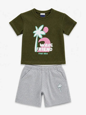 BloomUp Baby Boys Olive Green Co-Ord Set – Printed T-Shirt & Shorts Summer Outfit