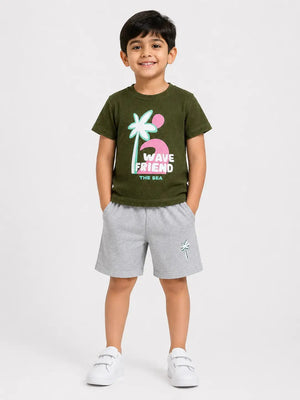 BloomUp Baby Boys Olive Green Co-Ord Set – Printed T-Shirt & Shorts Summer Outfit