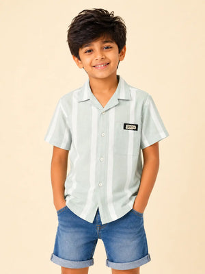 BloomUp Boys Mint Green Striped Shirt – Half Sleeve Casual Summer Shirt