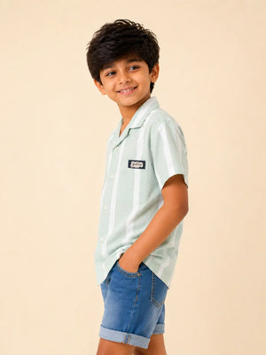 BloomUp Boys Mint Green Striped Shirt – Half Sleeve Casual Summer Shirt