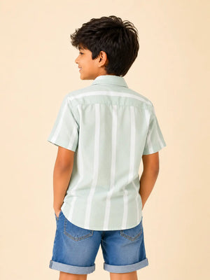 BloomUp Boys Mint Green Striped Shirt – Half Sleeve Casual Summer Shirt