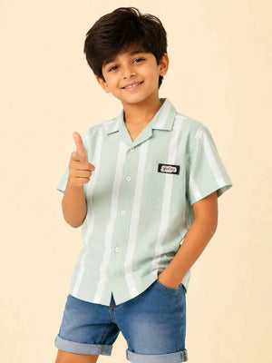 BloomUp Boys Mint Green Striped Shirt – Half Sleeve Casual Summer Shirt
