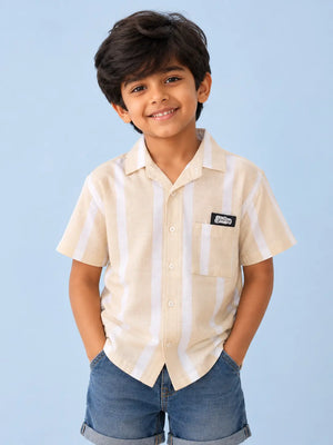 BloomUp Boys Beige Striped Shirt – Half Sleeve Casual Summer Shirt