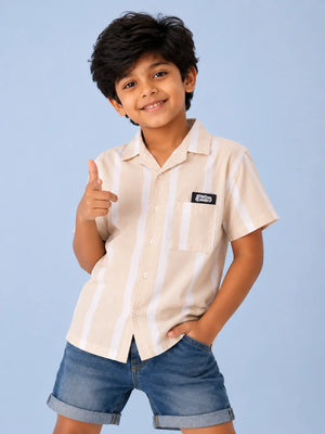 BloomUp Boys Beige Striped Shirt – Half Sleeve Casual Summer Shirt
