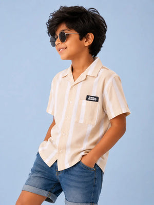 BloomUp Boys Beige Striped Shirt – Half Sleeve Casual Summer Shirt