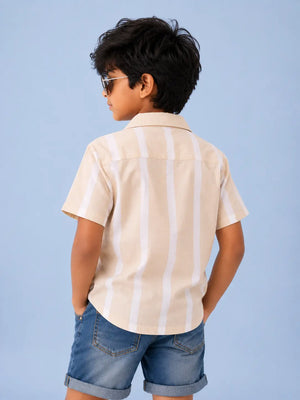 BloomUp Boys Beige Striped Shirt – Half Sleeve Casual Summer Shirt