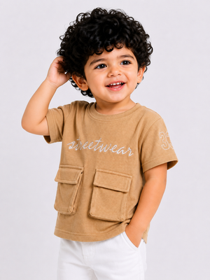 Tan Streetwear Graphic Pocket T-Shirt for Boys – Soft Cotton Casual Summer Wear BloomUp