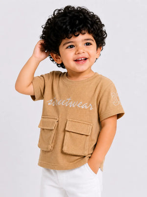 BloomUp Tan Streetwear Graphic Pocket T-Shirt for Boys – Soft Cotton Casual Summer Wear