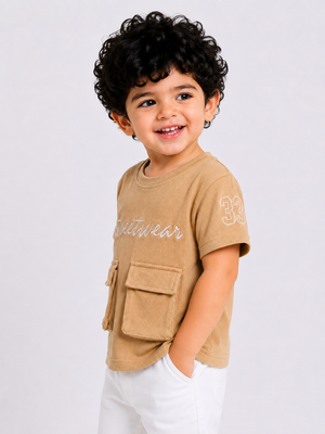 Tan Streetwear Graphic Pocket T-Shirt for Boys – Soft Cotton Casual Summer Wear BloomUp