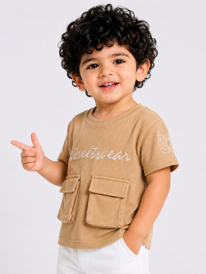 Tan Streetwear Graphic Pocket T-Shirt for Boys – Soft Cotton Casual Summer Wear BloomUp