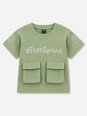 BloomUp Green Streetwear Graphic Pocket T-Shirt for Boys – Soft Cotton Casual Summer Wear