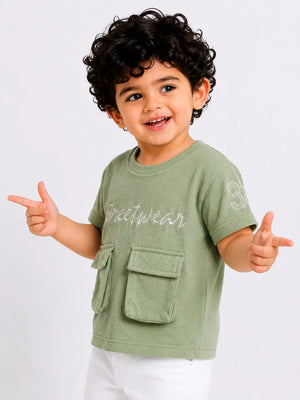 BloomUp Green Streetwear Graphic Pocket T-Shirt for Boys – Soft Cotton Casual Summer Wear