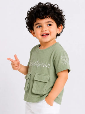 BloomUp Green Streetwear Graphic Pocket T-Shirt for Boys – Soft Cotton Casual Summer Wear