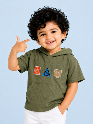 Olive Green Hoodie Patch T-Shirt for Toddlers – Soft Cotton Summer Tee for Boys BloomUp