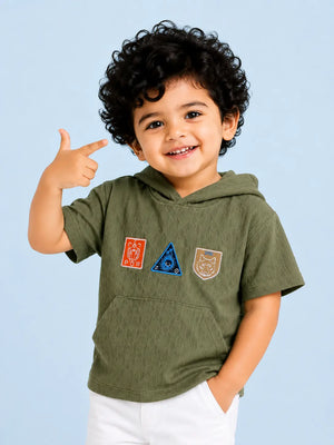 BloomUp Olive Green Hoodie Patch T-Shirt for Toddlers – Soft Cotton Summer Tee for Boys